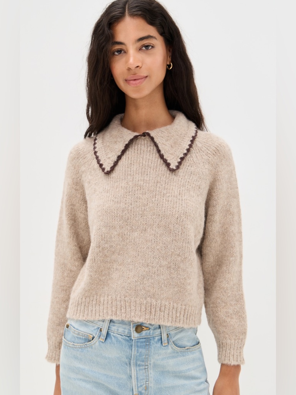The Great Crochet Collar Pullover Knit Sweater Oat With Brown Size 2 Medium NWT